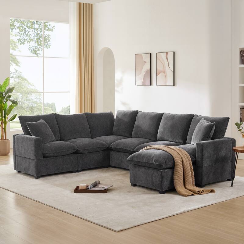 Modular Cloud Sofa Sets for Livingroom Apartment, Modern Chenille Sectional Sofa with 2 Pillows, Freely Combinable Couch - Black+Grey