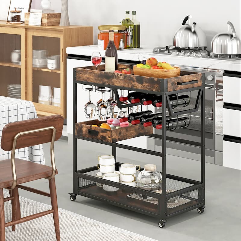 Gymax Rolling Bar Cart 3-Tier Industrial Buffet Serving Trolley w/