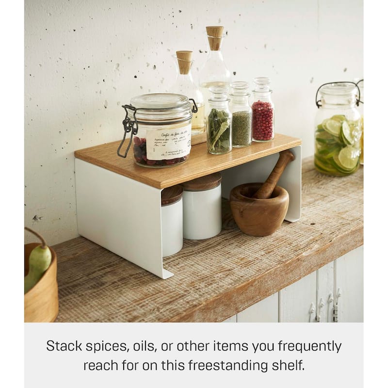 Yamazaki Home Stackable Countertop Shelf - Two Sizes, Steel and Wood, Large, Stack up to two, Holds 11 lbs - White