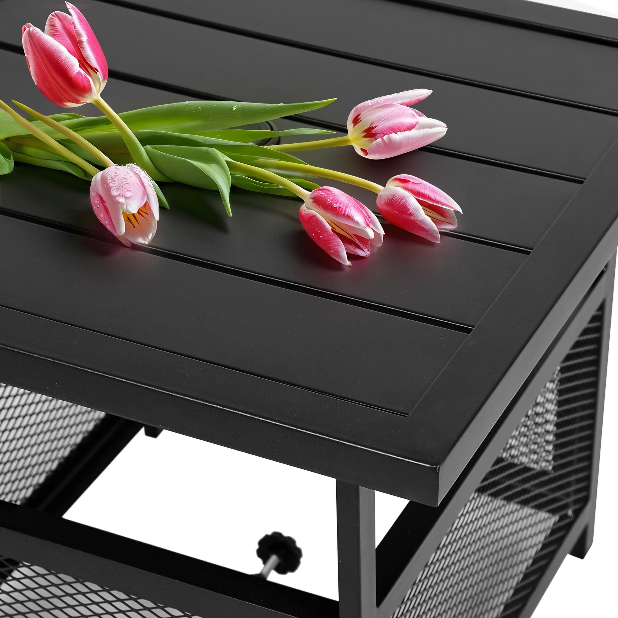 Outdoor Patio Side Table with Umbrella Hole, Small Square Steel