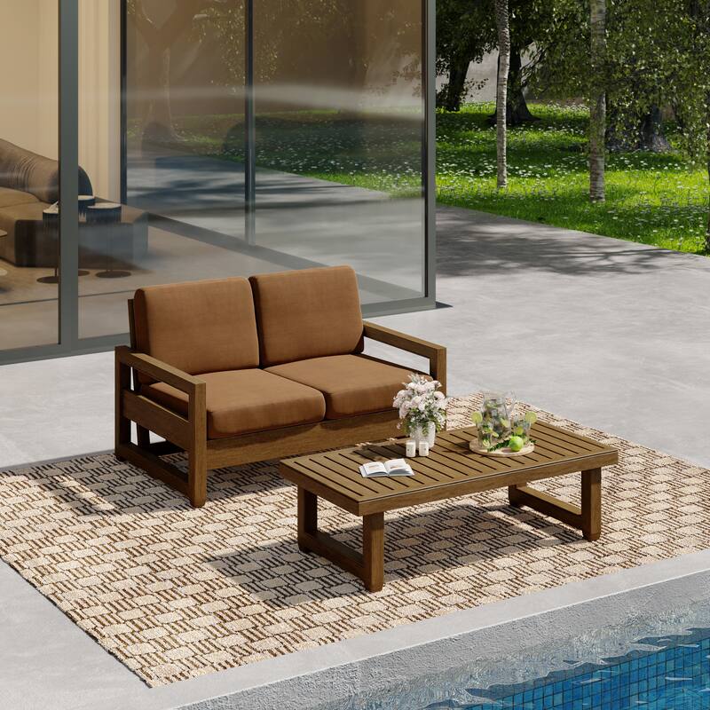 Outdoor Patio Loveseat Table Set Teak Wood with Cushion