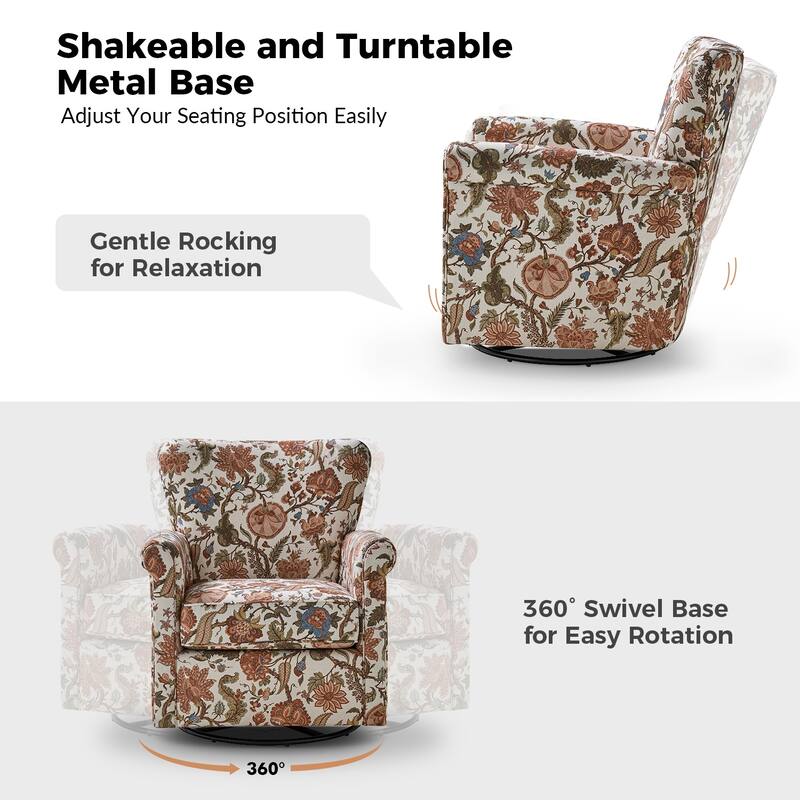 Georg Comfortable Floral Fabric Swivel Rocker Chair with Rolled Armrest by HULALA HOME