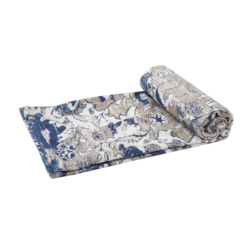 Saanvi Throw Blanket Accent Decor Decoration 50" x 60" Super-Soft Cotton Cream and Blue Elegant Pattern