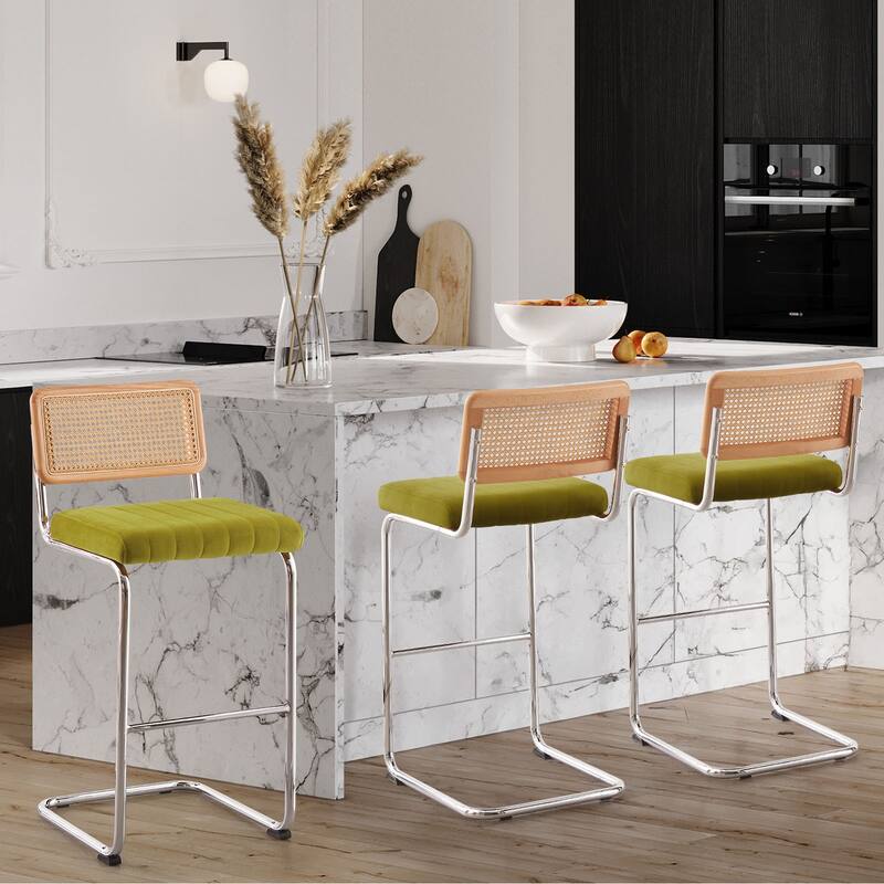 Velvet Upholstered Rattan Counter/Bar Stools, Set of 2/3