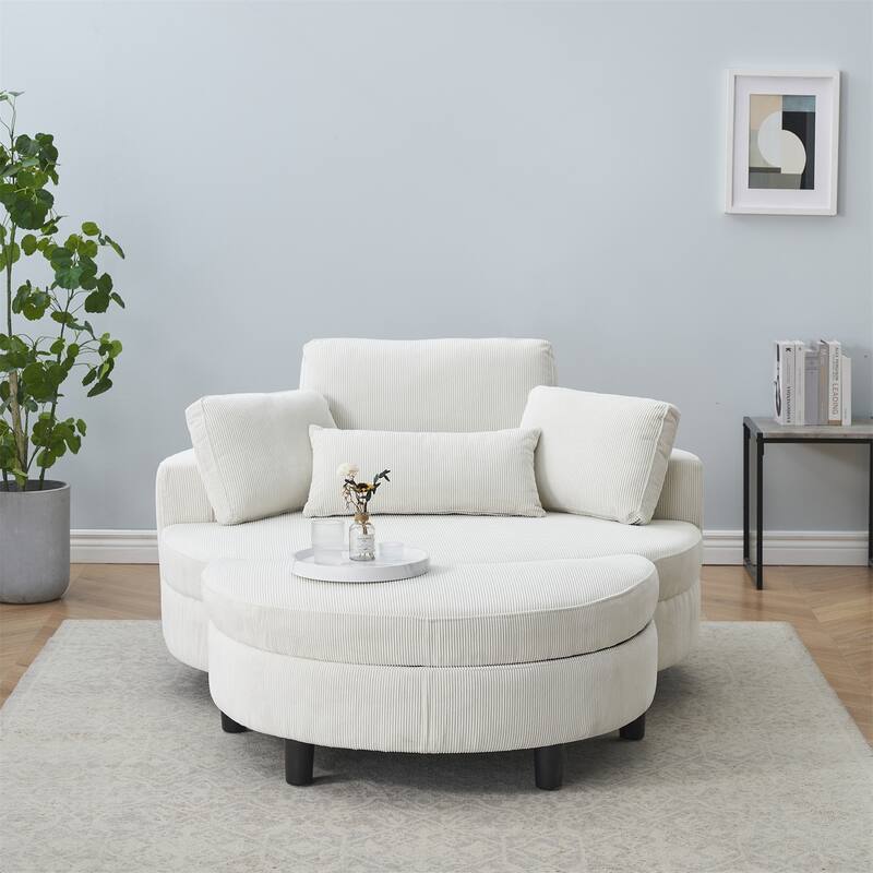 Corduroy Sofa Chair with Ottoman, 2 Throw Pillows and 1 Waist Pillow - Beige