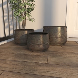 Brass Iron Distressed Metal Rustic Round Planter Pots (Set of 3) - S/3 16", 13", 11"W