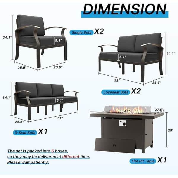 dimension image slide 12 of 14, Aluminum Patio Outdoor Sectional Sofa Set with Fire Pit, Swivel Rocking Chairs and Ottomans