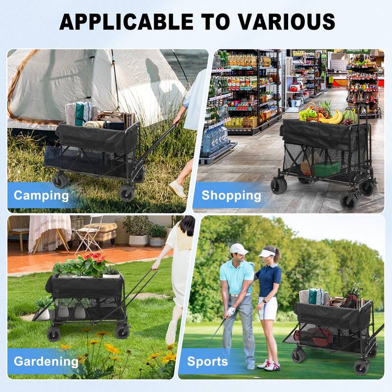 Collapsible Wagon, Wagon, Folding Wagon Heavy-Duty with Double Decker, All-Terrain Wheels, Tailgate, and 450lb Capacity
