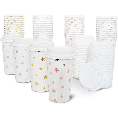 48x Cute Insulated Disposable Paper Coffee Cups with Lids Foil Stars Design 16oz