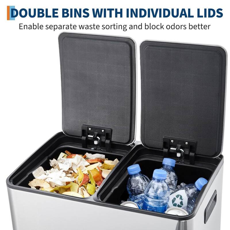 2 x 8 Gallon Dual Compartment Kitchen Trash Can, Garbage Can with Lid