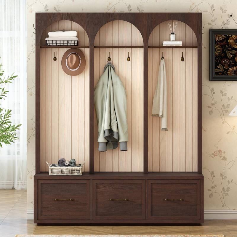 Farmhouse Wooden Style Hall Tree with Arched Design - Dark Walnut