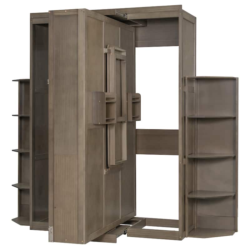 Rotating Queen Murphy Bed with Convertible Desk & Shelves - Multifunctional Hidden Wall Bed System for Small Spaces