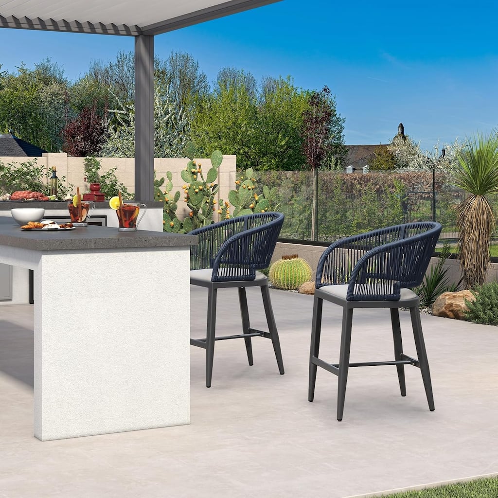 PURPLE LEAF Outdoor Bar Stools Chair Set of 2, All Weather Rattan and Aluminum Patio Bar Stool with Cushion