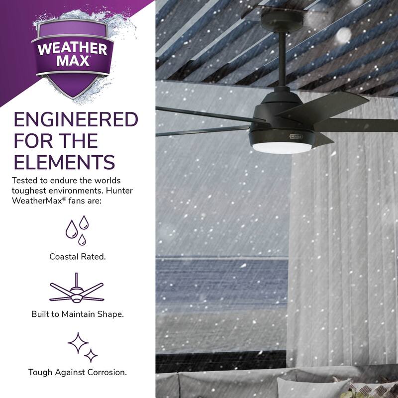 Hunter 52" Skyflow Outdoor Ceiling Fan w/ LED Light Kit, Wall Control - Coastal Modern Contemporary - WeatherMax - WET-RATED!