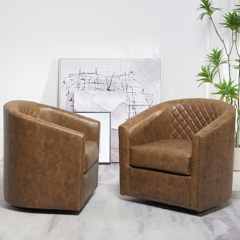 KINWELL 29" Wide Tufted PU Leather Swivel Barrel Chair (Set of 2)