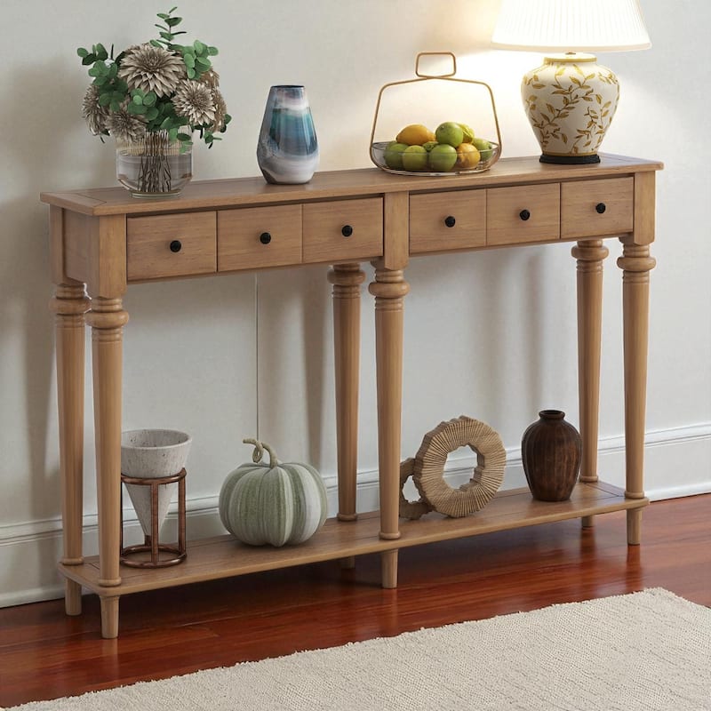 59.8" Rustic Entryway Console Table with 4 Drawers and Open Shelf, Retro Pine Veneer Hallway Accent Table