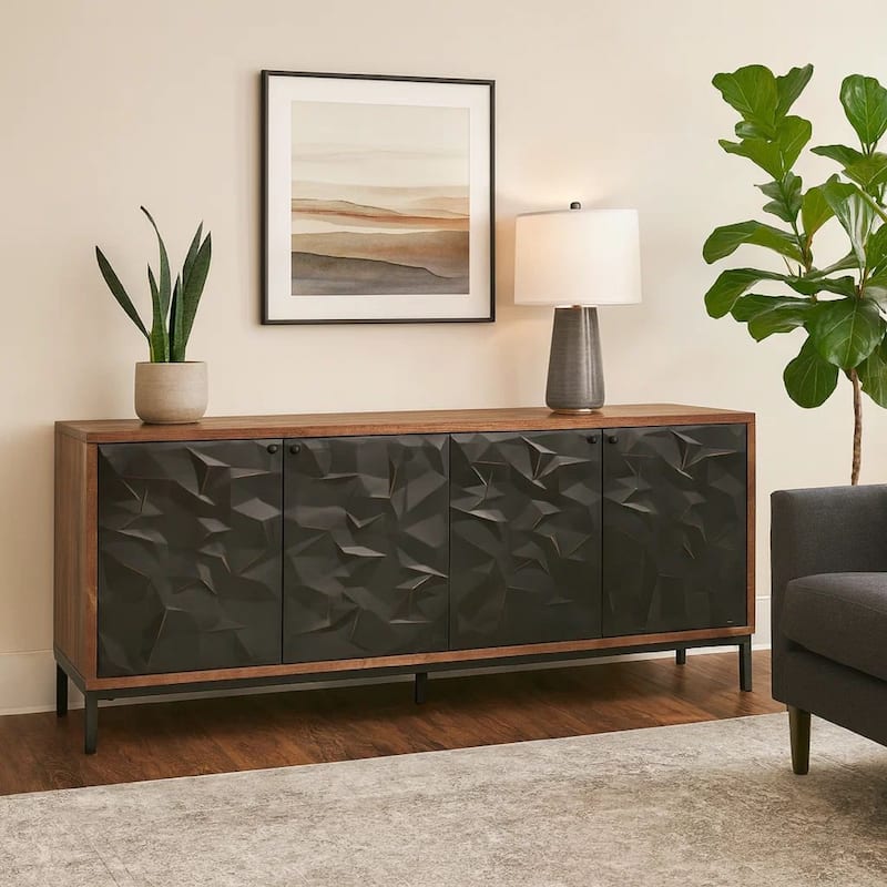 Anby Sideboard Console, 4 Doors, 2 Shelves, Black, Brown Wood 70 Inch