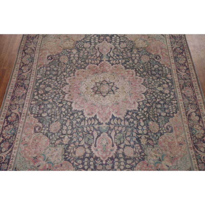 Distressed Tabriz Persian Antique Area Rug Handmade Wool Carpet - 9'9" x 12'8"