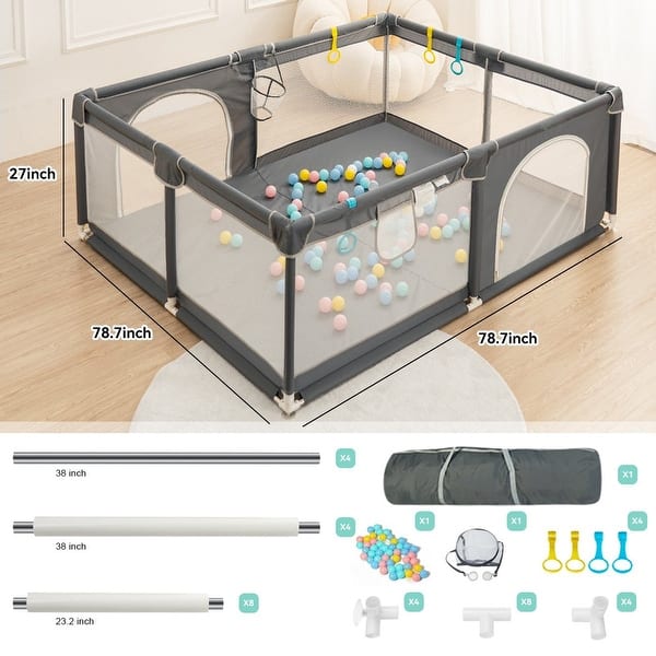 Infant 79"x79" 4-Panel Baby Playpen Spacious & Secure Foldable Playard Grey