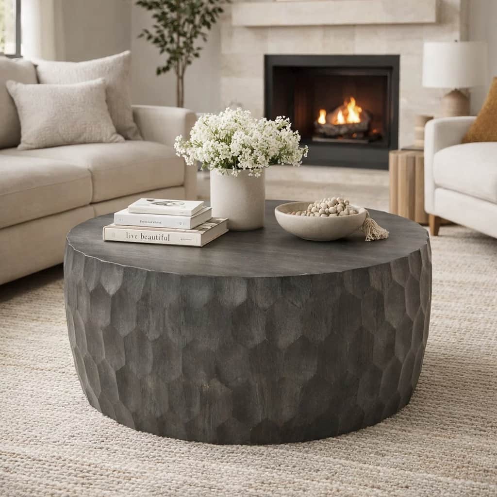 33 Inch Wooden Round Drum Coffee Table with Geometric Carved Pattern, Gray