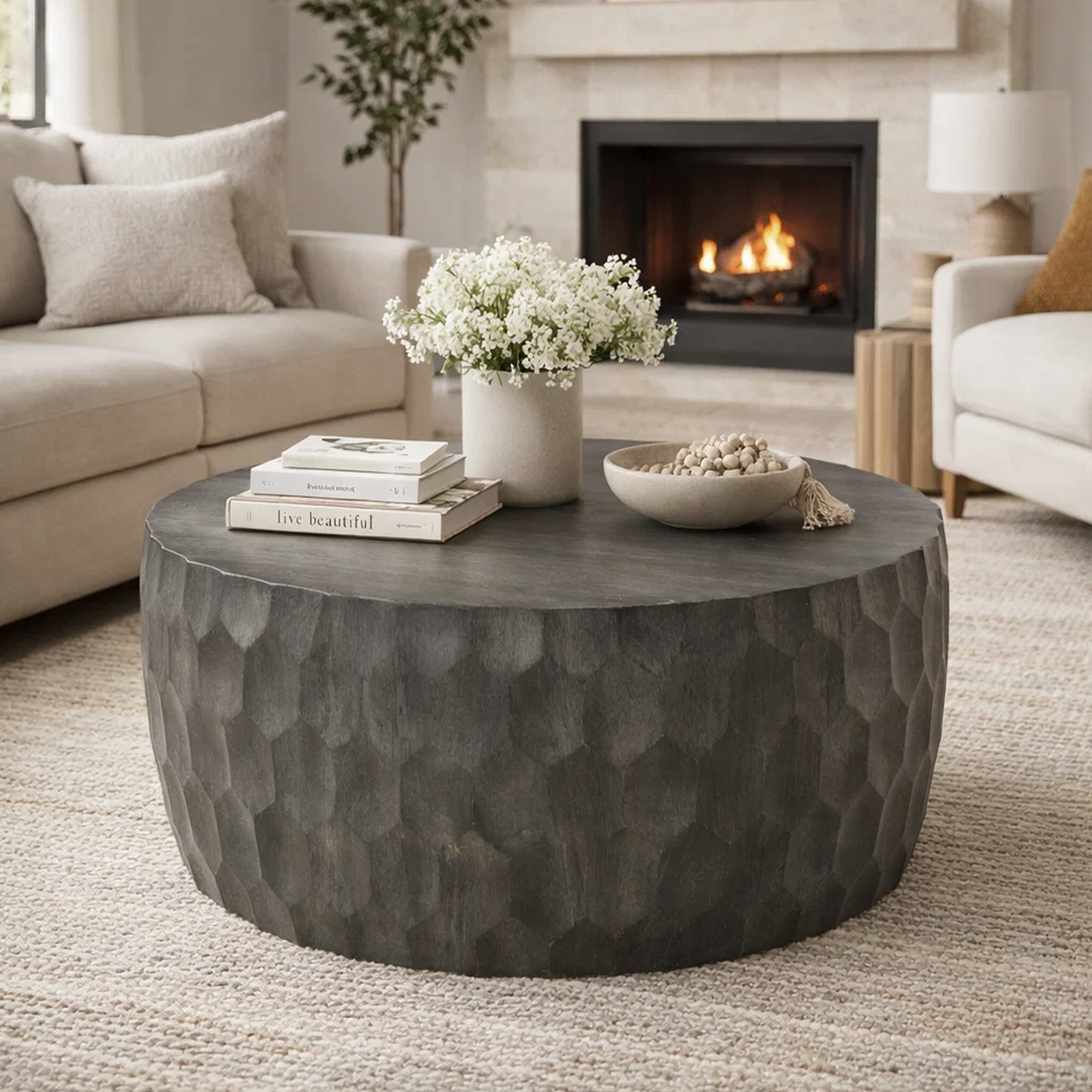 33 Inch Wooden Round Drum Coffee Table with Geometric Carved Pattern, Gray