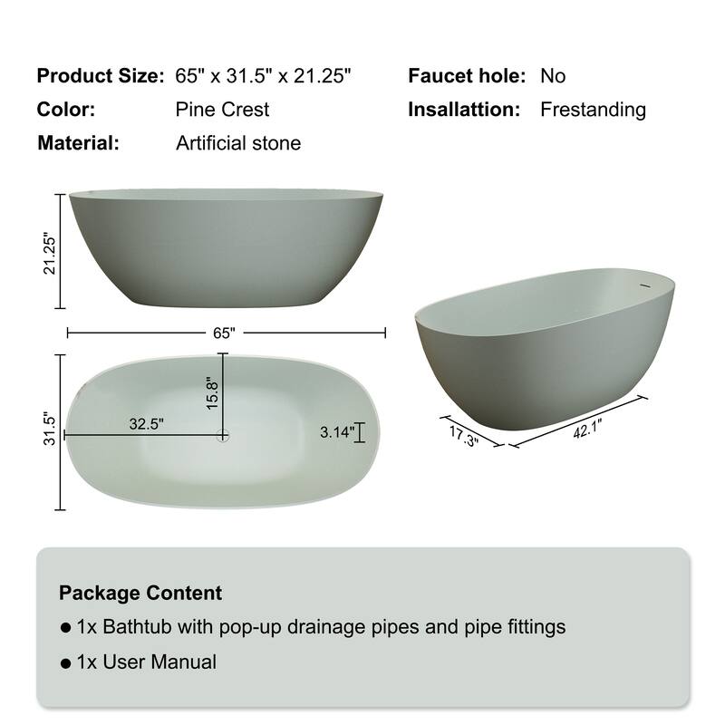 Luxury Solid Surface Freestanding Soaking Bathtub with Center Drain and Pop-up Drain, Modern Beige Tub with Overflow