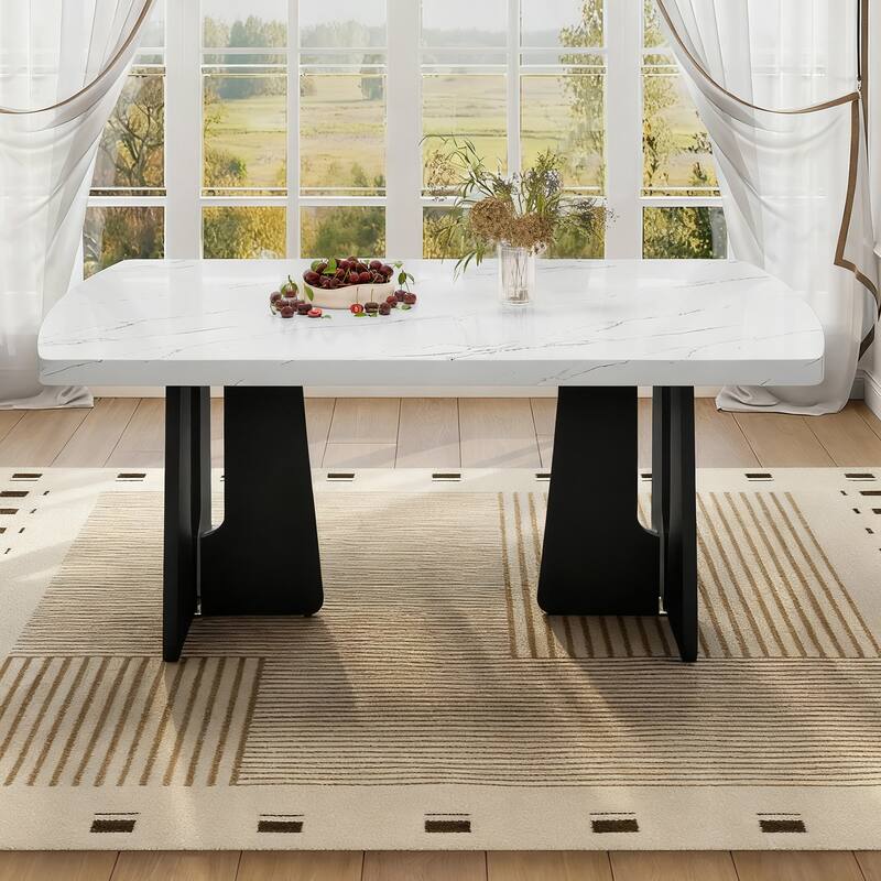 63" Modern Dining Table with Faux Marble Top - White+Black