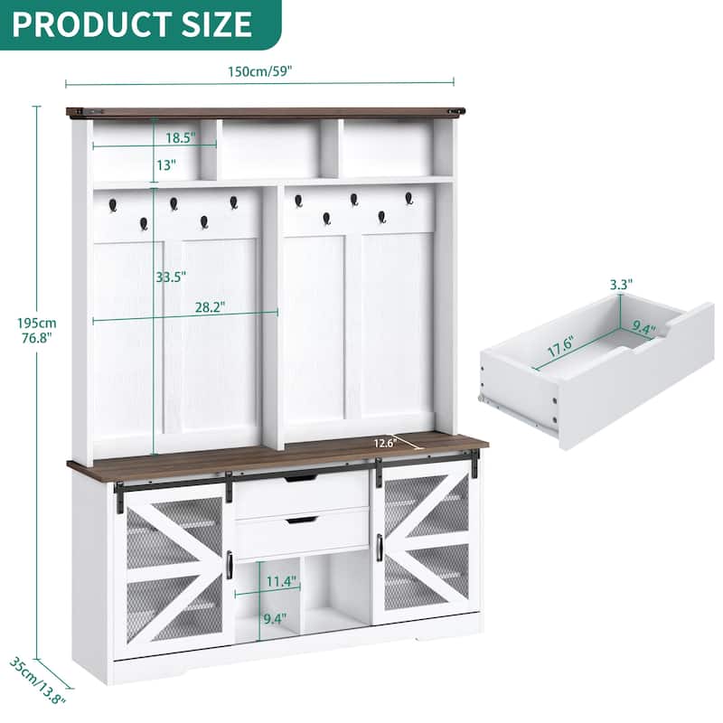 Moasis Farmhouse Hall Tree with Bench and Shoe Storage, 2 Drawers Coat Rack for Entyrway