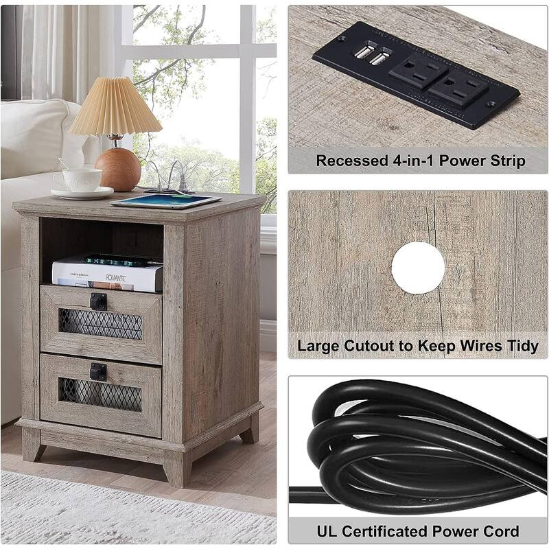 Farmhouse Nightstand with Charging Station, End Table, Side Table