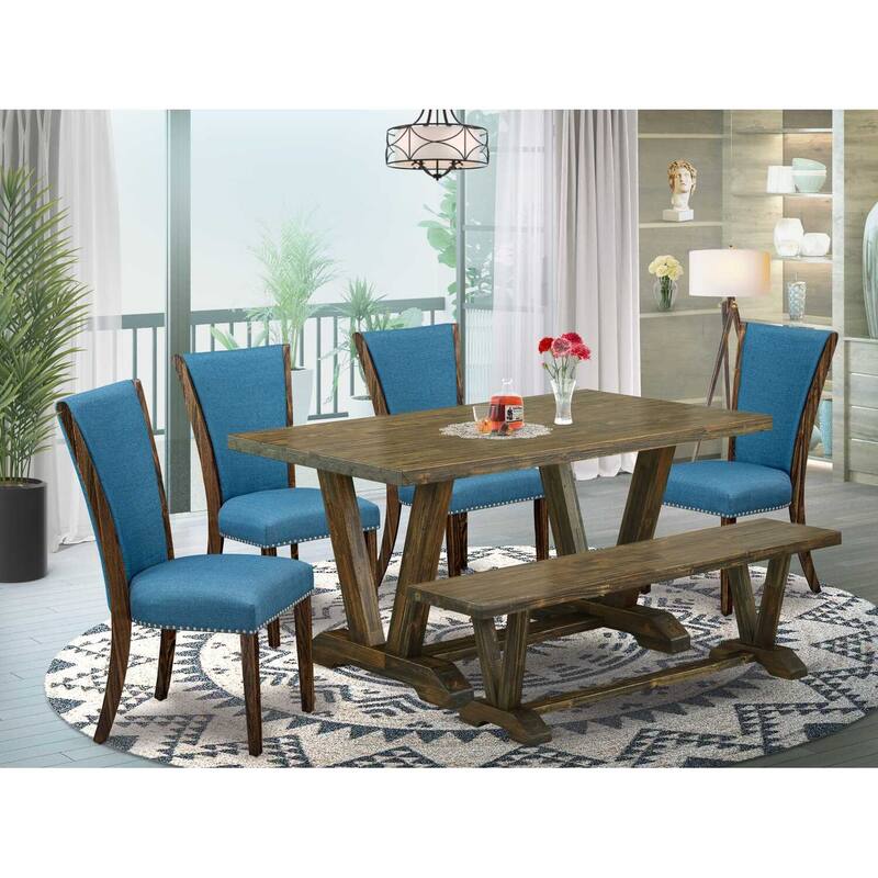 HomeStock 6-Piece Rectangle Distressed Jacobean Finish Solid Wood Top Dining Table with 1-Bench, 4-Chairs