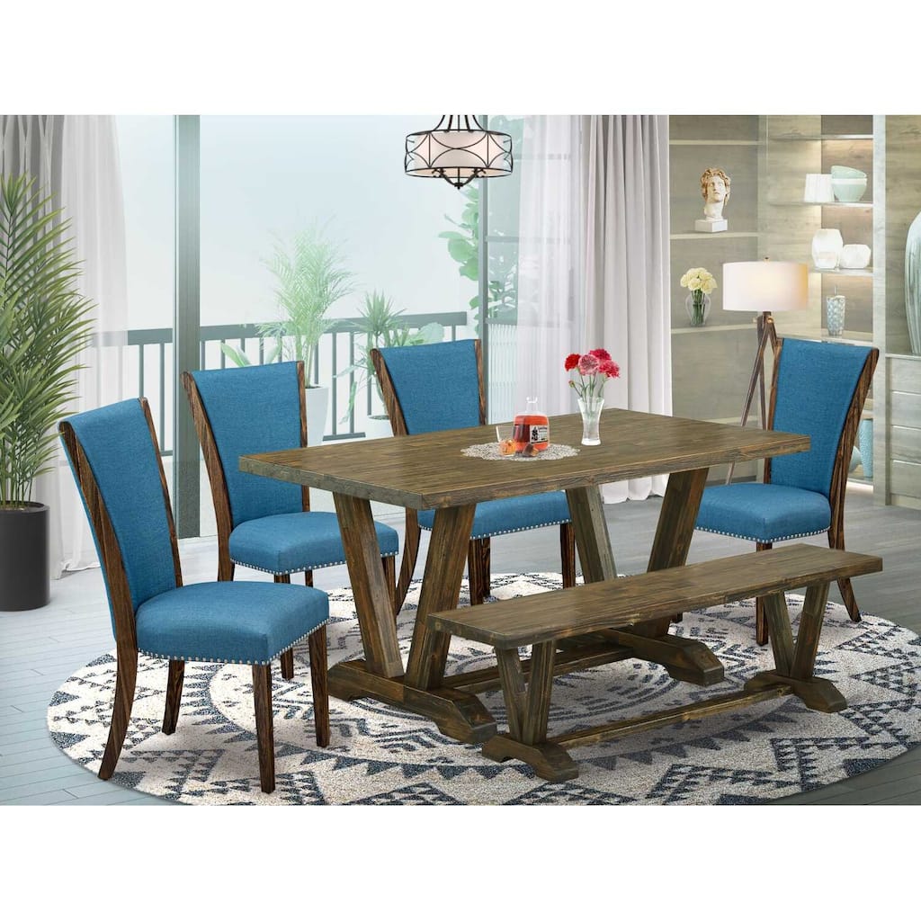 HomeStock 6-Piece Rectangle Distressed Jacobean Finish Solid Wood Top Dining Table with 1-Bench, 4-Chairs