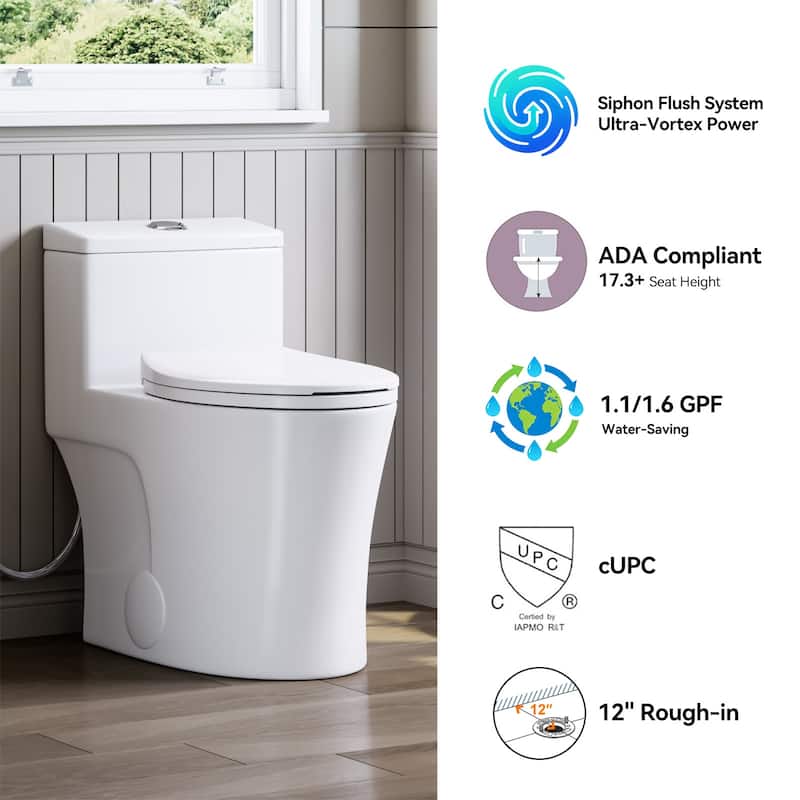 HOROW 1 Piece Dual Flush Elongated Toilet Matte White 1.1/1.6 GPF ADA Height Soft Close Seat - N/A