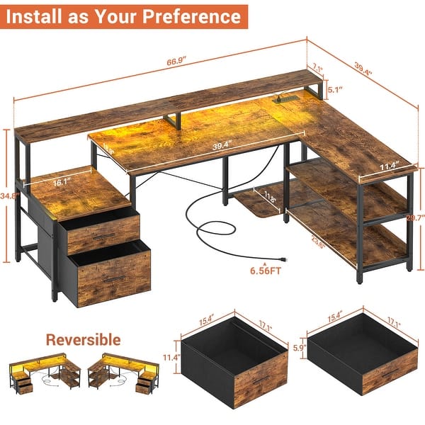 dimension image slide 6 of 8, Reversible L Shaped Computer Desk with File Drawer & Monitor Stand & Power Outlet & LED Strip, Home Office Desk Corner Desk