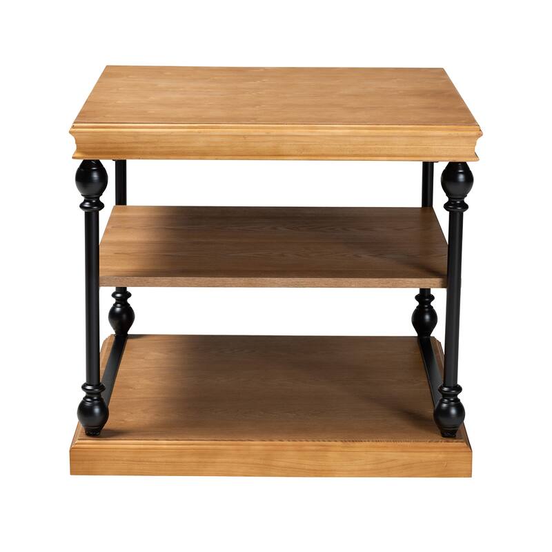 Sebastian Traditional Industrial Wood and Black Metal 3-Tier End Table