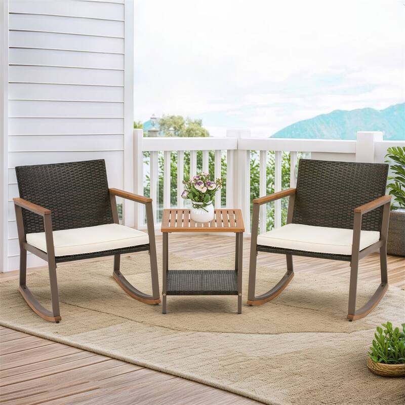 3 Pieces Rocking Wicker Bistro Set, Patio Outdoor Furniture Conversation Sets with Porch Chairs and Glass Coffee Table - Brown Beige