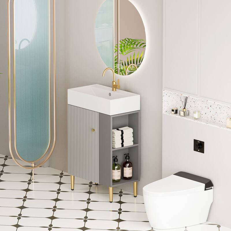 Compact White Bathroom Vanity with Ceramic Sink, Soft-Closing Cabinet, and Brushed Copper Accents for Small Spaces