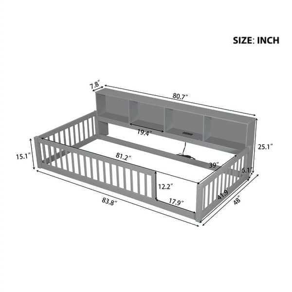 dimension image slide 0 of 3, Twin XL Size Floor Bed with Storage Shelves and USB Ports, Wooden Montessori Bed Daybed with Fence Guardrails for Kids