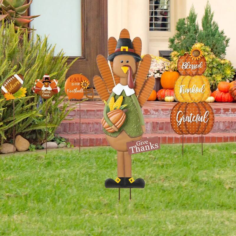 Glitzhome Fall Thanksgiving Metal Turkey Pumpkins Yard Stake