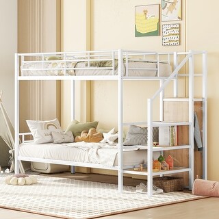 White Twin over Twin Size Metal Bunk Bed with Lateral Storage Ladder and Wardrobe for Kids, Boys and Girls