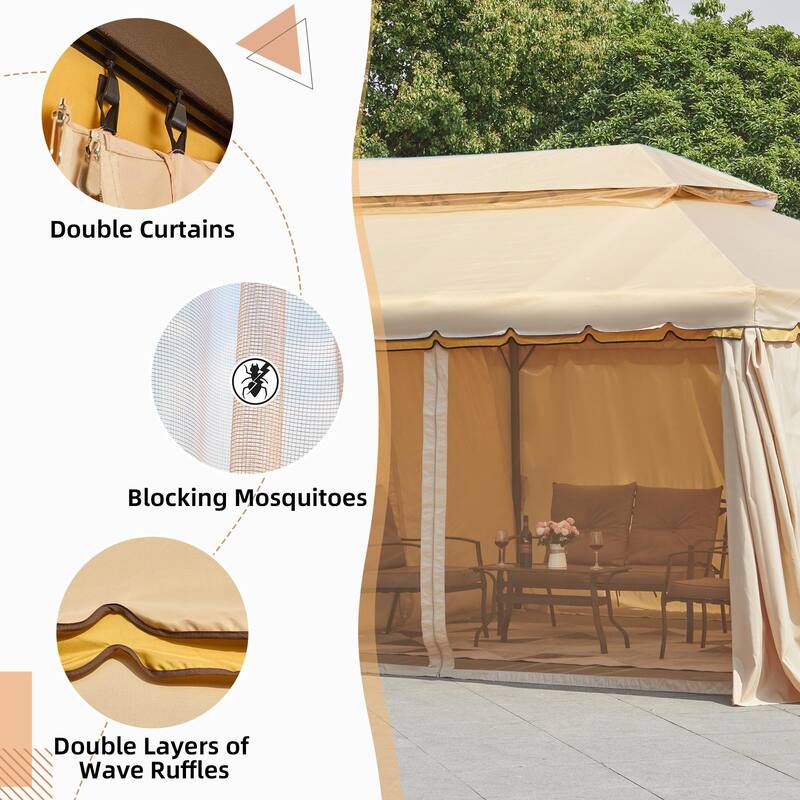 EROMMY Outdoor Canopy Gazebo Double Roof Patio Gazebo with Soft Top, includes Curtains