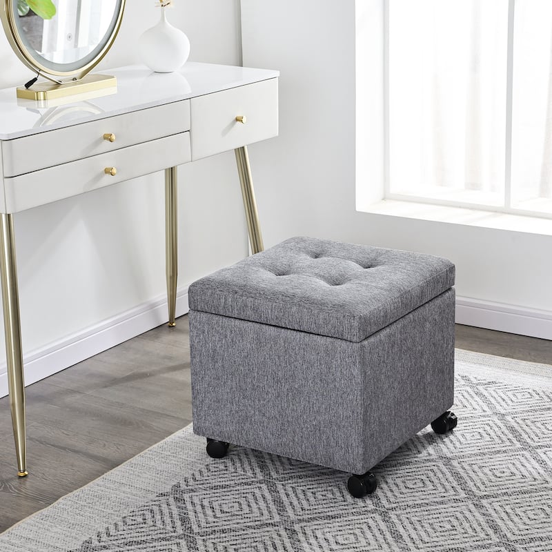 Adeco Bonded Leather Storage Ottoman Square Tufted Cube Footstool