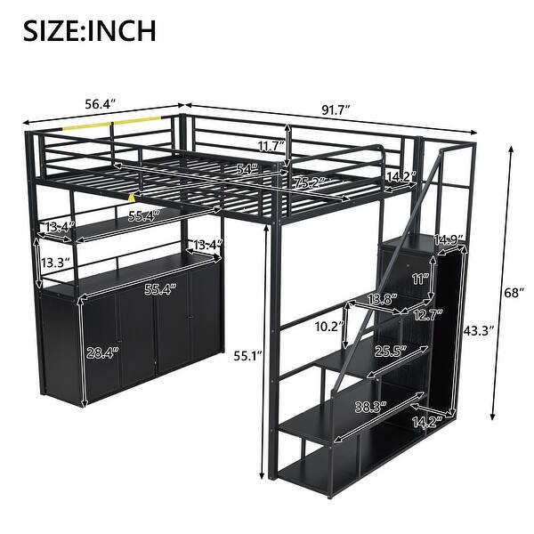 Full Black Industrial Metal Full Loft Bed with Shelf, Storage Staircase and Wardrobe Locker