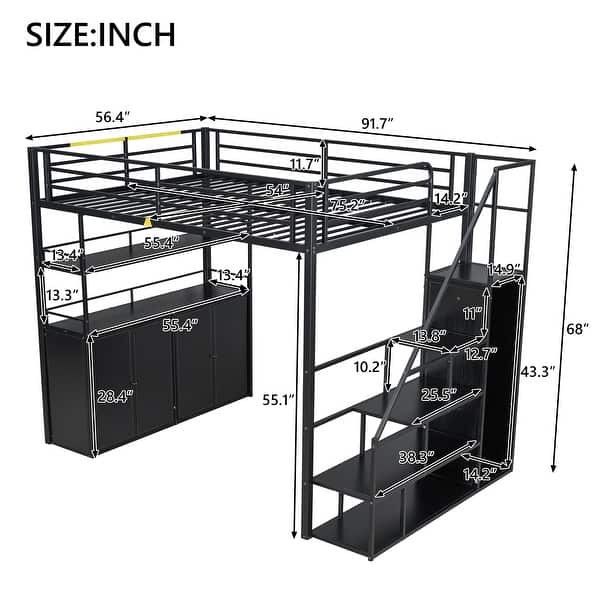 Metal Full Size Loft Bed with Storage and Wardrobe and Lockers for Home,Black
