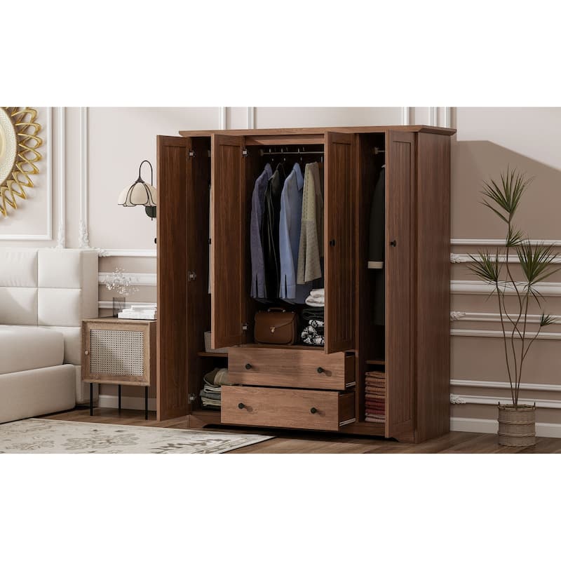 4-Door Wardrobe Armoire Closet with 2 Drawers, Brown Clothing Storage Cabinet Organizer with Hanging Rod
