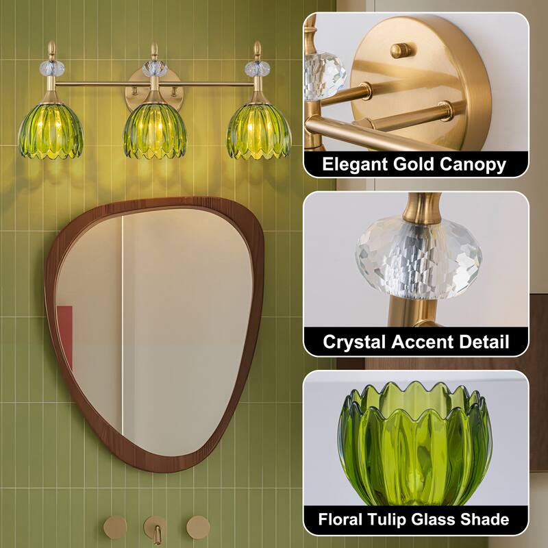 Starsky 3-Light Tulip-Inspired Floral Wall Sconce with Green or Amber Glass Shades, for Bathroom, Bedroom, Hallway