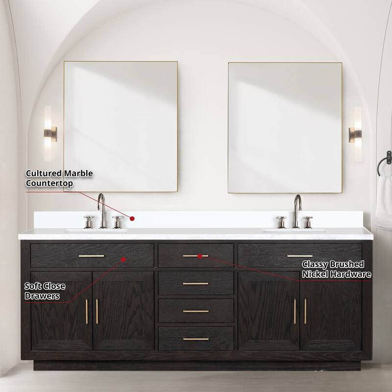 Abbey 60 in W x 22 in D Black Oak Double Bath Vanity, Cultured Marble Top, Faucet Set, and 28 in Mirrors