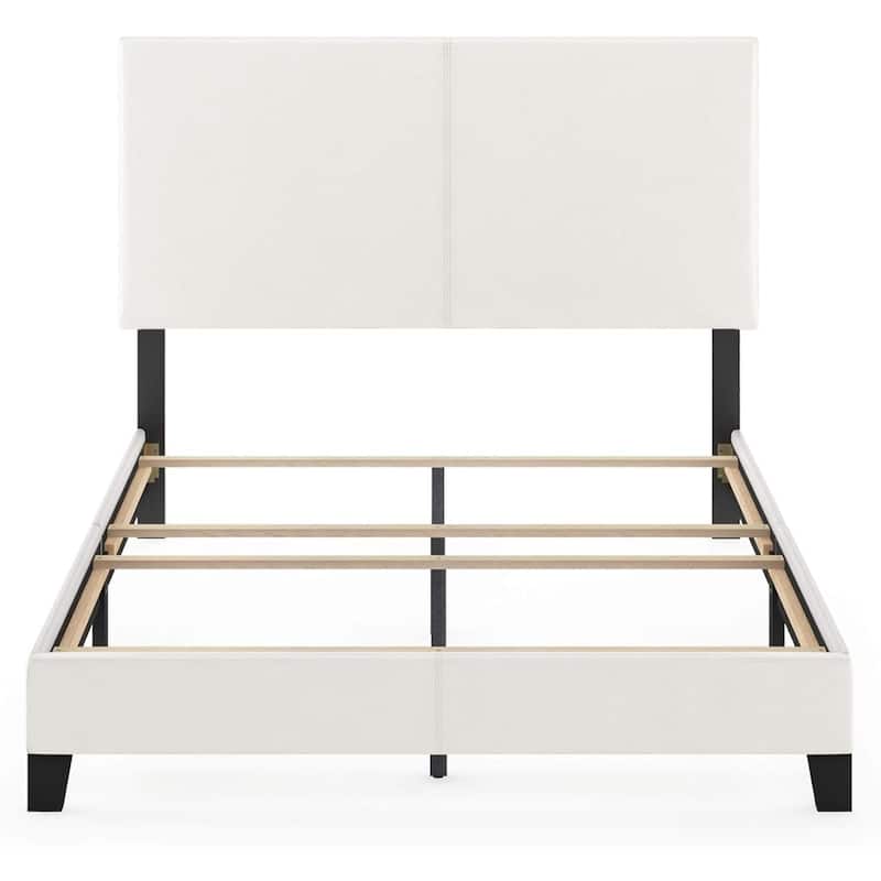King Size Upholstered Bed Frame - Black PU Leather Platform Bed with Foam Headboard - Modern Glam Style