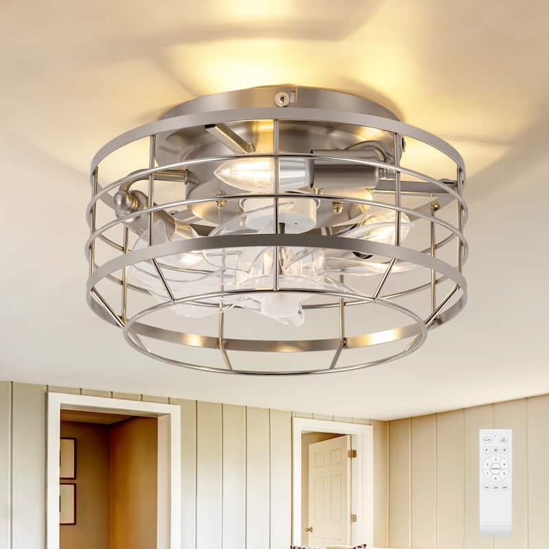 12" Low Profile Enclosed Cage Ceiling Fan with Light and Remote - Stain Nickel