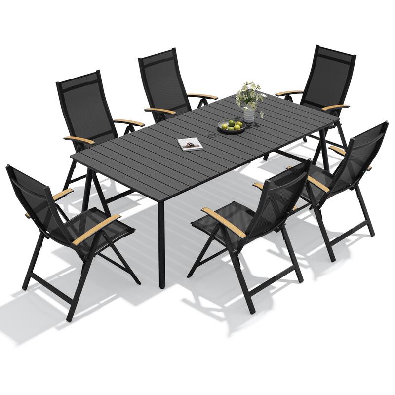 7-Piece Outdoor Patio Dining Set WPC Table Top Alumium Umbrella Hole Table with Folding Teak Armrest Chairs - Black