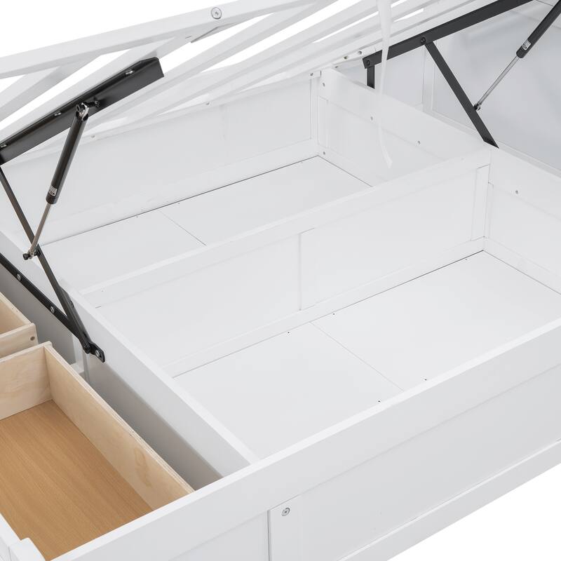 Full Size Hydraulic Platform Bed with Storage, LED Headboard, Charging Station, and 2 Drawers in White